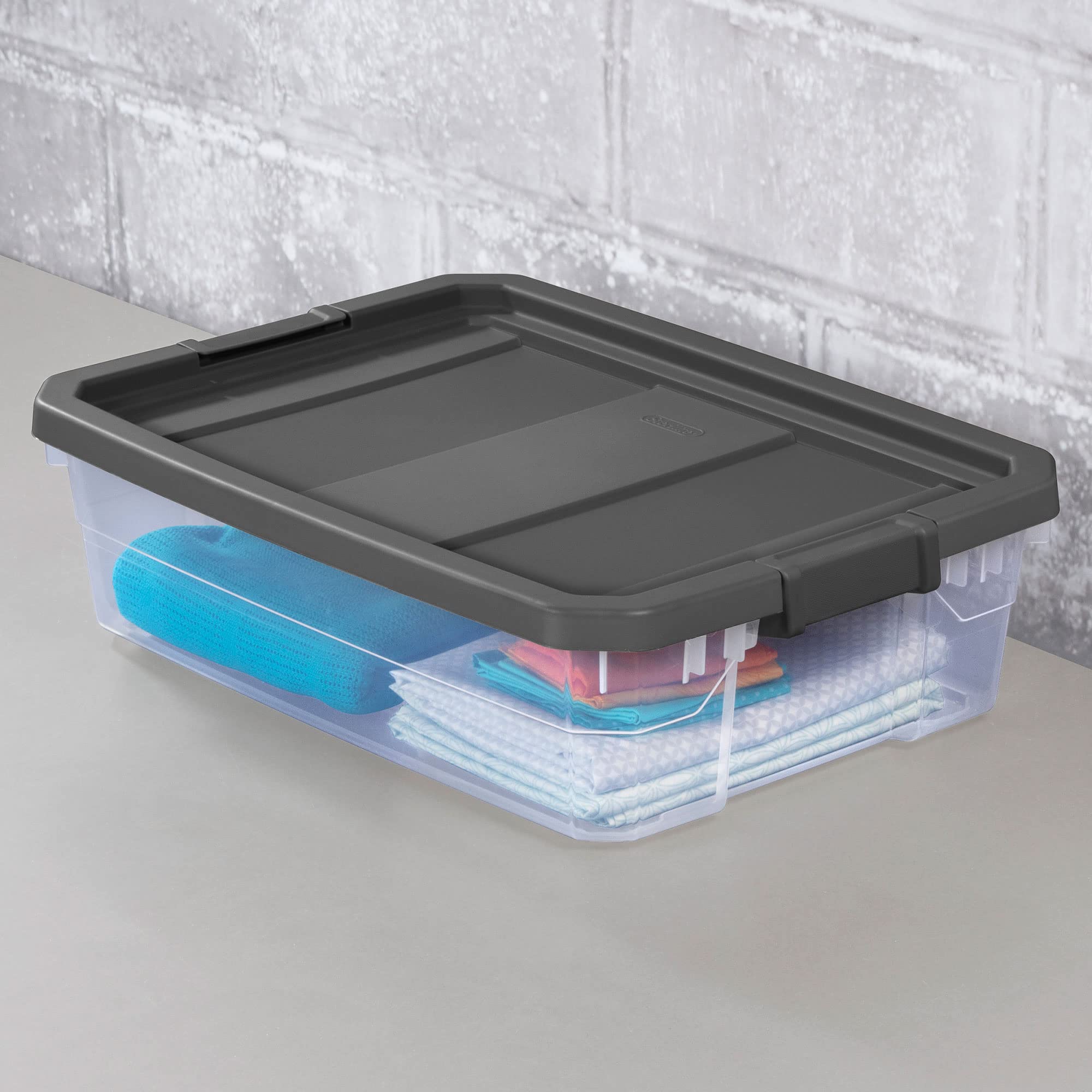 Sterilite 40 Quart Plastic Stacker Box, Lidded Storage Bin Container For Home And Garage Organizing, Shoes, Tools, Clear Base &